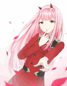 a girl with long pink hair and horns is wearing a red jacket