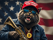 a cat wearing a make america purr again hat