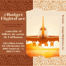 an advertisement for budget flights fare shows an airplane on the runway