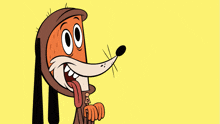 a cartoon dog is holding a bone with his tongue out