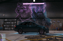 a car is parked in front of a mural of a man and a dog