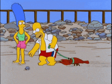 homer simpson is walking a lobster on a leash on a beach