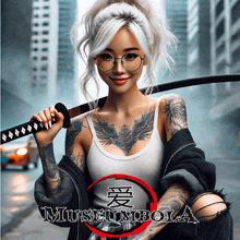 a woman with tattoos is holding a sword in front of a museum bola logo