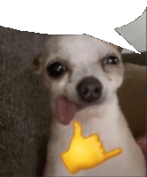 a small white dog is sticking its tongue out and has a yellow thumbs up sign on its chest