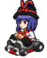 a pixel art of a girl with purple hair and red eyes