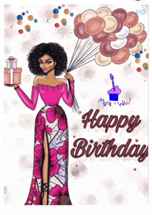 a birthday card with a woman holding balloons and a gift box