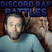 a man with a beard in front of a brick wall with the words discord rap battles on it