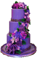 a three tiered purple cake with purple flowers on top