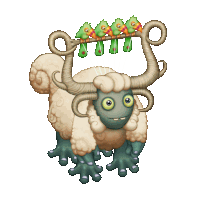 a cartoon drawing of a sheep with horns and birds hanging from its horns