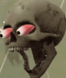 a cartoon skull with red eyes and a mouth open .