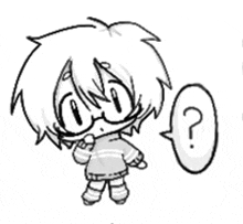 a black and white drawing of a little boy with glasses and a question mark .