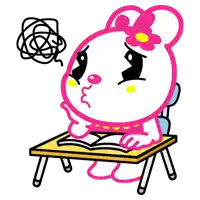 a pink and white cartoon character is sitting at a desk with a book