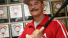 a man in a red jacket and hat is holding a baseball bat .