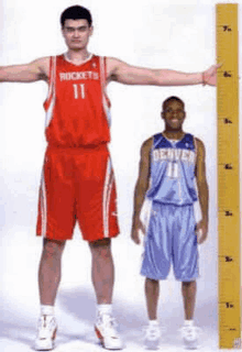 a man in a rockets jersey is standing next to a man in a denver uniform