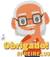 a cartoon character with glasses and a beard says obrigado #freire100