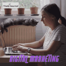 a woman sits at a desk with a laptop and a cat laying on a radiator with the words digital marketing above her