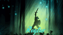 a silhouette of a person holding a sword with the word reglas written in blue