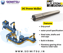 an advertisement for a dc power moller features drip proof water proof specification steel tube shafts and end caps