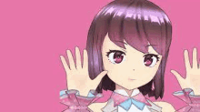 a girl with purple hair and red eyes is waving her hands in the air on a pink background .