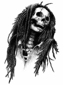 a drawing of a skeleton with dreadlocks and a skull