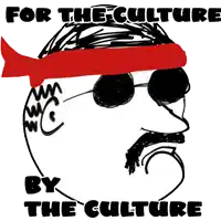 a drawing of a man wearing sunglasses and a red headband with the words for the culture by the culture below it