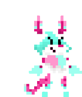 a pixel art drawing of a unicorn with pink and blue hair and horns