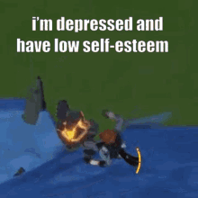 a cartoon of a person falling into the water with the words `` i 'm depressed and have low self-esteem '' .