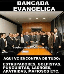 a group of people are posing for a picture in a room with the words bancada evangelica on the bottom