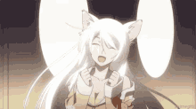 a girl with white hair and cat ears is standing in front of a white light .