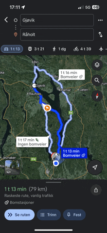 a map on a cell phone shows a route between bjarvik and raholt