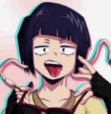 a cartoon girl with a snake in her ear and her tongue out .