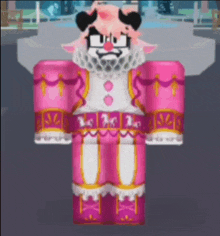 a pink and white clown with glasses and a beard is wearing a pink outfit .