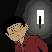 a cartoon of a man with glasses crying in front of a shadow of a child