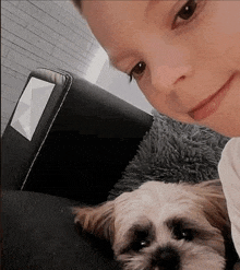 a young boy is sitting on a couch with a small dog .