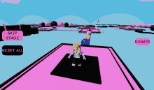 a girl is standing on a pink mat in a video game with a reset all button