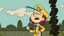 a cartoon character is wearing a yellow hat with rw on it