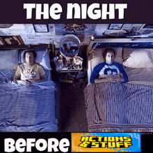 a poster for the movie the night before with two men laying in bed