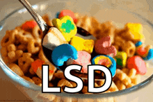 a bowl of cereal with a spoon and the word lsd