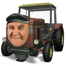 a red tractor with a man 's face on the front of it