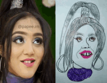 a drawing of a woman 's face next to a picture of her