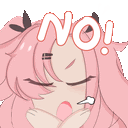 a cartoon girl with pink hair is covering her mouth with her hands and the word no is on her face .