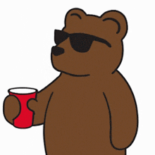 a brown teddy bear wearing sunglasses is holding a red cup