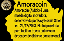 a yellow sign that says amoracoin with a coin on it