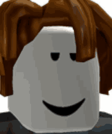 a close up of a roblox character 's face with brown hair and a smiling face .