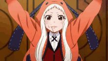 a girl with long white hair is wearing an orange jacket with a bunny hood