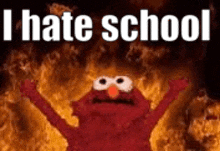 elmo from sesame street is standing in front of a fire with his arms outstretched and the words `` i hate school '' .