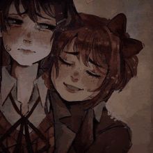 a drawing of two girls , one crying and one smiling .