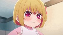 a little girl with blonde hair and red eyes looks angry