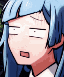 a cartoon girl with blue hair making a funny face