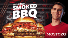 a man in a red shirt is smiling in front of a smoked bbq sandwich